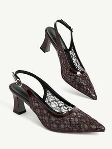 CUCCOO CHICEST Ladies Spring And Summer New Brown Lace Sequins Pointed Empty Shoes Outside Breathable Mesh Elegant High Heels Fall Shoes - Coffee Brown - View 6