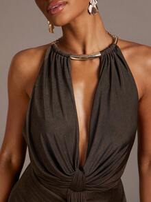 Hauture Women's Sexy Dark Brown Metal Halter Neck Ruched Open Back Mini Dress With Sash, Perfect For Vacation, Beach Club Night Out, Resort, Summer - Brown - View 3