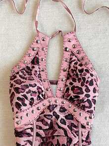 IslaSuriya Top de verano vintage con estampado de leopardo y cuello halter, top para mujer con decoración de strass y remaches metálicos - Rosa - Ver 4