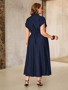 Roveilla Plus Size Women's Solid Color Shirt Collar Half-Button Front Cinched Waist Belt Elastic A-Line Dress Navy Blue Mid-Length Elegant Office Teachers' Day - Navy Blue - View 2