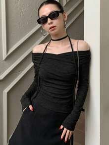 DAZY Women's Cross Off Shoulder Korean Style Tie-Up Long Sleeve T-Shirt, Spring/Autumn Cute Tops Vacation Going Out Tops - Black - View 10