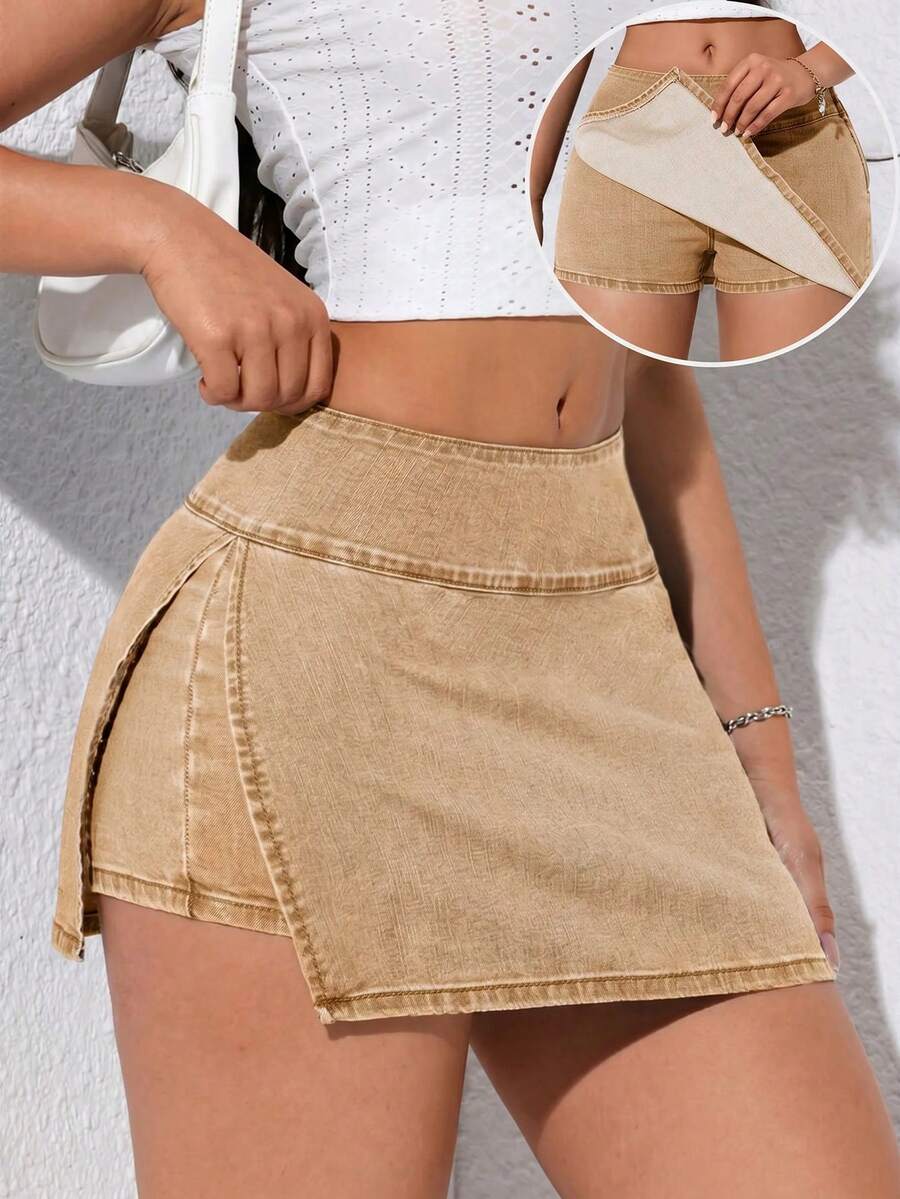 SHEIN EZwear 女款時尚百搭不對稱下擺牛仔裙 - 卡其色 - 查看 1
