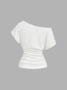 SHEIN MOD 女款純色不對稱肩抓皺修身休閒夏季T恤 - 白色 - 查看 3