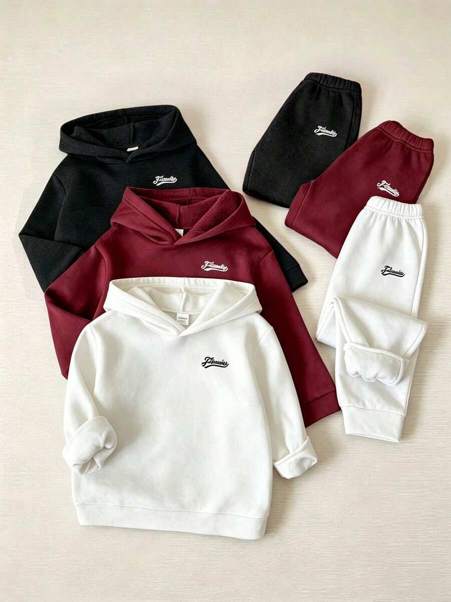 SHEIN Genkimix Kids 男孩多件式休閒百搭字母刺繡落肩寬鬆長袖連帽衛衣與柔軟鬆口束口長褲多組合套裝,簡約時尚設計,連帽款式保護耳朵,寬鬆版型舒適穿著,親膚柔軟面料呵護健康,冬季極其百搭 - 彩色 - 查看 1