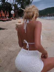 Swim SXY 女款夏季海灘純色掛脖綁帶性感比基尼三角褲兩件式泳衣套裝附迷你裙 - 白色 - 查看 2
