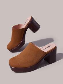 Styleloop Vintage Relaxation Is Full! Suede Closed Toe Mules, Thick Heel Round Toe Can Be Worn For Commuting And Shopping - Brown - View 2