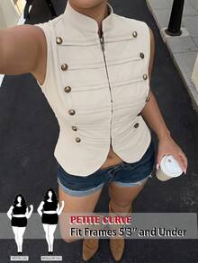 SHEIN PETITE CURVE 大尺碼女款修身拉鍊前開拿破崙/軍裝風夾克背心，女夏季服飾，外出、鄉村音樂會穿搭 - 卡其色 - 查看 3