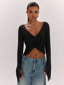 SHEIN BAE Top corto sexy de moda para mujer estilo francés con flecos en el bajo - Negro - Ver 6