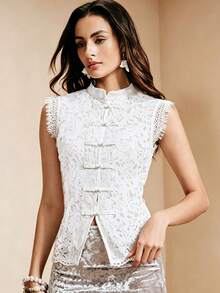 Arave Women's Lace Fitted Camisole With Button Design Wedding Day Party Tea Party White Summer Elegant - White - View 1