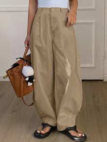 Livesso Plus Size Loose Solid Color Harem Pocket Pants For Women, Spring/Summer Casual - Khaki - View 7
