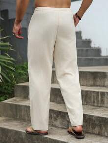 VENTUSAIL Men's Solid Color Drawstring Waist Pocket Straight Leg Cotton Linen Pants - Khaki - View 2