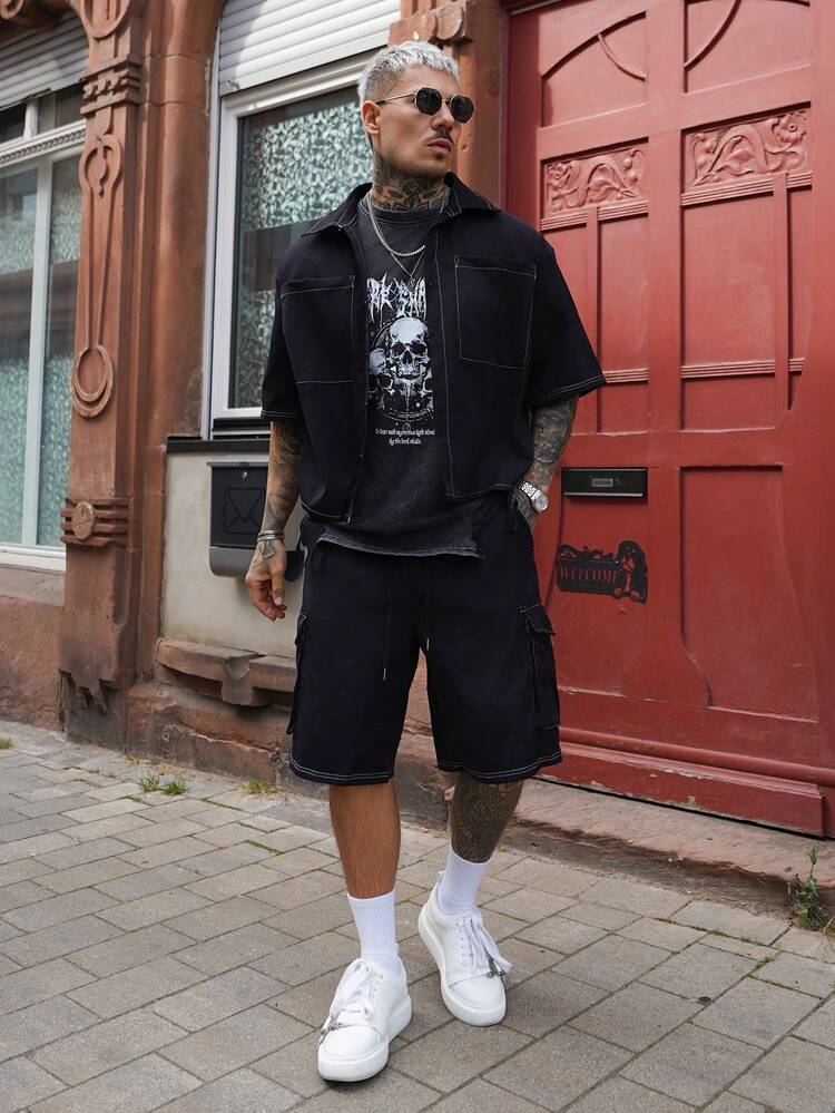 Artur Kramer 男士夏季休闲日常通勤时尚街头撞色缝线口袋短袖衬衫和抽绳腰短裤套装 - 黑色 - 查看 1