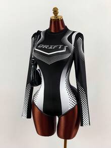 Amplova Damen Motorrad Schulanfang Saison figurbetonter Langarm Mini Bodysuit - Schwarz und Weiss - Übersicht 3