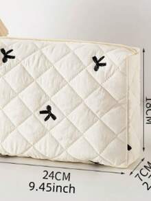 1Pc Quilted Bow Embroidered Cosmetic Bag, Lightweight Fluffy Zipper Travel Toiletry Pouch, Multi-Purpose Storage Case For Makeup, Tampons & Sanitary Pads, Portable Organizer For Daily School & Travel Use, Back To School Supplies - Beige - View 10