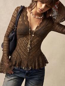 Bohemela Women's V-Neck Flared Sleeve Lace Fitted Fashion T-Shirt - Coffee Brown - View 7