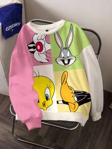 LOONEY TUNES X SHEIN Women's Colorblock Patchwork Cartoon Print Sweatshirt - White - View 6