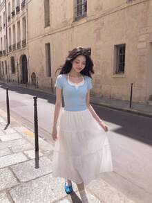 SHEIN MOD Kawaii Ballet Bow Lace Trim Short Sleeve 2 In 1 T-Shirt Summer Women Tops - Blue - View 7