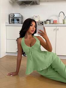 ZzzCrew 女士简约纯色露背系带上衣和裤子睡衣套装 - 綠色 - 查看 6