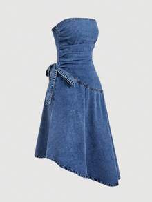 SHEIN MOD Women's Ruched Side Tie Waist Strapless Asymmetric Hem Denim Dress - Blue - View 5