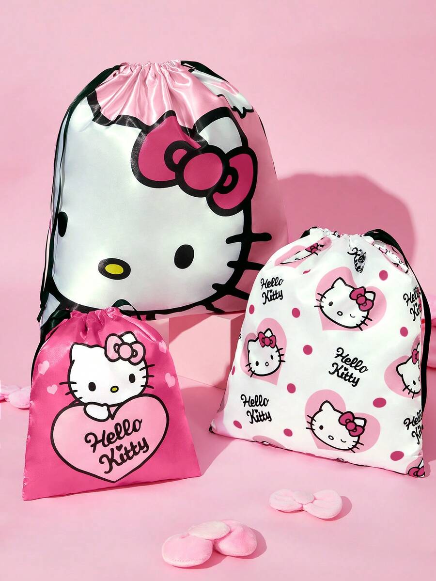 HELLO KITTY AND FRIENDS | SHEIN Dompet Serut Satin Motif Kucing Kartun Tersedia dalam 3 Ukuran, Dijual Terpisah atau dalam Satu Set untuk Penyimpanan Aksesori Perjalanan - Putih merah muda - View 1
