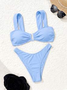 Bonvoyette Summer Hot-Selling Polka Dot Design Fashion Beach Girl Two-Piece Bikini - Blue - View 5