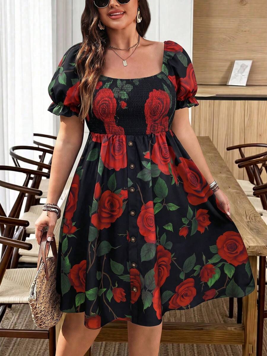 EMERY ROSE Gaun Wanita Ukuran Besar Leher Persegi Lengan Pendek Mengembang Warna Hitam Vintage Lucu Peri Liburan Lengan Mengembang Dekorasi Kancing Depan untuk Tamu Pernikahan Musim Panas - Hitam - View 1