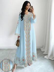 SHEIN Najma 女士花卉植物数码印花浅蓝色V领长袖优雅阿拉伯风格长款连衣裙，春秋季 - 彩色 - 查看 1