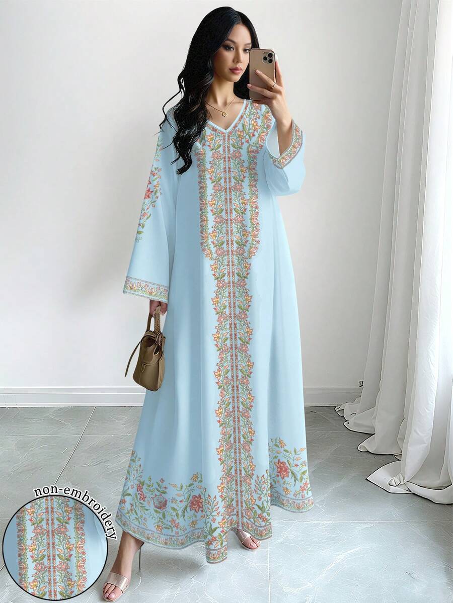 SHEIN Najma 女士花卉植物数码印花浅蓝色V领长袖优雅阿拉伯风格长款连衣裙,春秋季 - 彩色 - 查看 1