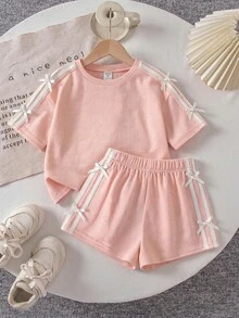 SHEIN 女童針織素色圓領休閒T恤短褲兩件套 - 粉色 - 查看 6