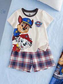 SHEIN | PAW Patrol 小男孩卡通印花圓領短袖T恤與格紋短褲居家休閒套裝 - 杏色 - 查看 1
