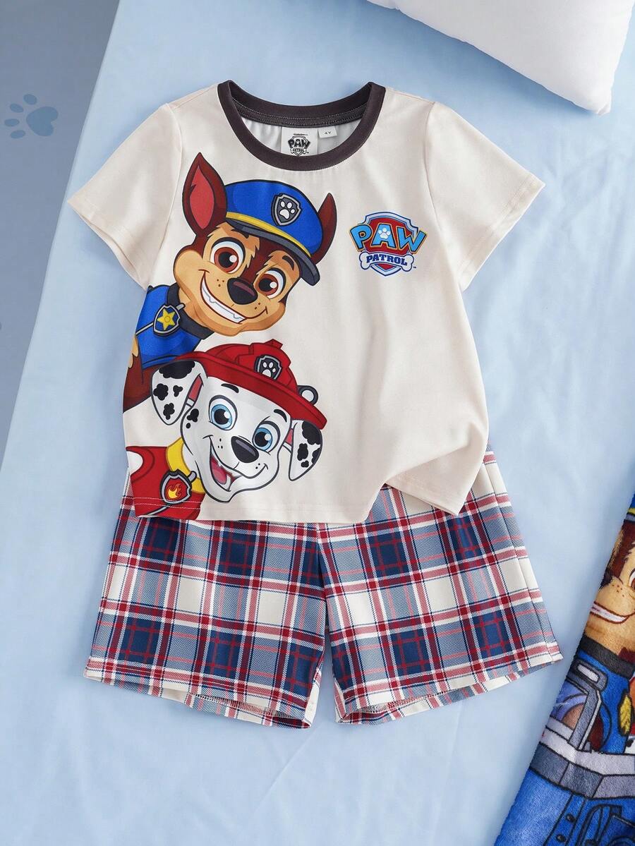 SHEIN | PAW Patrol 小男孩卡通印花圓領短袖T恤與格紋短褲居家休閒套裝 - 杏色 - 查看 1