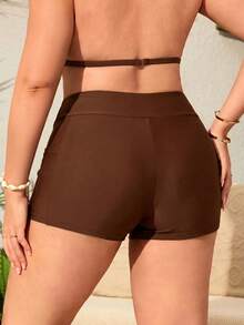 SHEIN Swim 大尺碼極簡純色口袋短褲泳裝下身 - 咖啡棕 - 查看 2