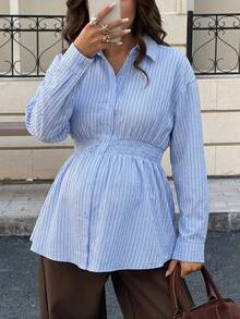 MaterniWear Women's Maternity Blue And White Striped Long-Sleeve Button-Front Shirt (Autumn) Social Blouse Fall - Blue - View 3