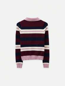 Nöista Striped Knit Cardigan With Collar And Button Front. Fall, Back To School And Everyday Style. - Burgundy - View 10