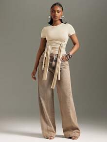 Denimoi Front Drape Tie Detail Top Concert Outfits Fashionable Streetwear It Girl - Apricot - View 2