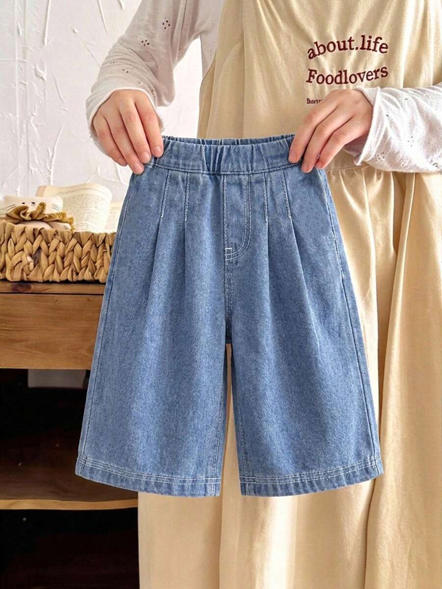 SHEIN LMoss Kids 女婴宽松海军蓝牛仔裤 - 淺色水洗藍 - 查看 1