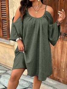 Weeklong Plus Size Round Neck Ruched Pleated Split Flare 3/4 Sleeve Casual A-Line Dress - Cadet Blue - View 4