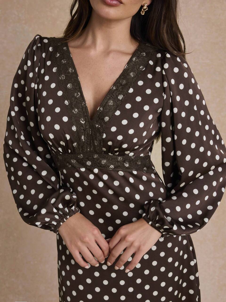 Enchnt Vestido largo elegante de mujer estilo francés vintage de los años 60, romántico de pre-otoño, a lunares marrón y blanco, con encaje, efecto estilizado, para cumpleaños, brunch, té y cita
