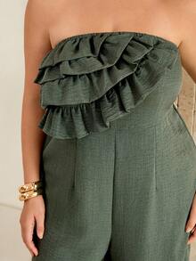 Roveilla Plus Size Women Solid Color Patchwork Ruffle Strapless Wide Leg Elegant Jumpsuit - Green - View 8