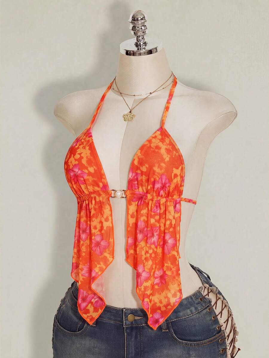 SHEIN ICON Floral Print Backless Halter Top - Orange - View 1