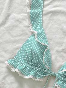 Swim Mod 女款夏季海灘甜美可愛格紋印花荷葉邊下擺白色蕾絲飾邊休閒度假泳裝上衣 - 薄荷綠 - 查看 4