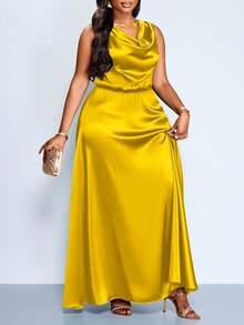 SOLERSUN Vestido de fiesta elegante para mujer de talla grande, adecuado para ocasiones importantes como fiestas de cumpleaños, temporada de graduación, té de la tarde, Acción de Gracias y temporada de bodas. Incluye escote drapeado, diseño sin mangas, cintura alta, silueta en A y largo extra largo. Hecho de material de satén/similar a la seda, perfecto para el verano. - Mostaza Amarilla - Ver 6