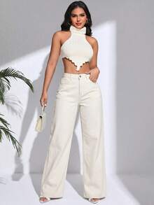 SHEIN SXY 女款寬腿鬆垮休閒百搭牛仔褲，附口袋 - 米色 - 查看 5