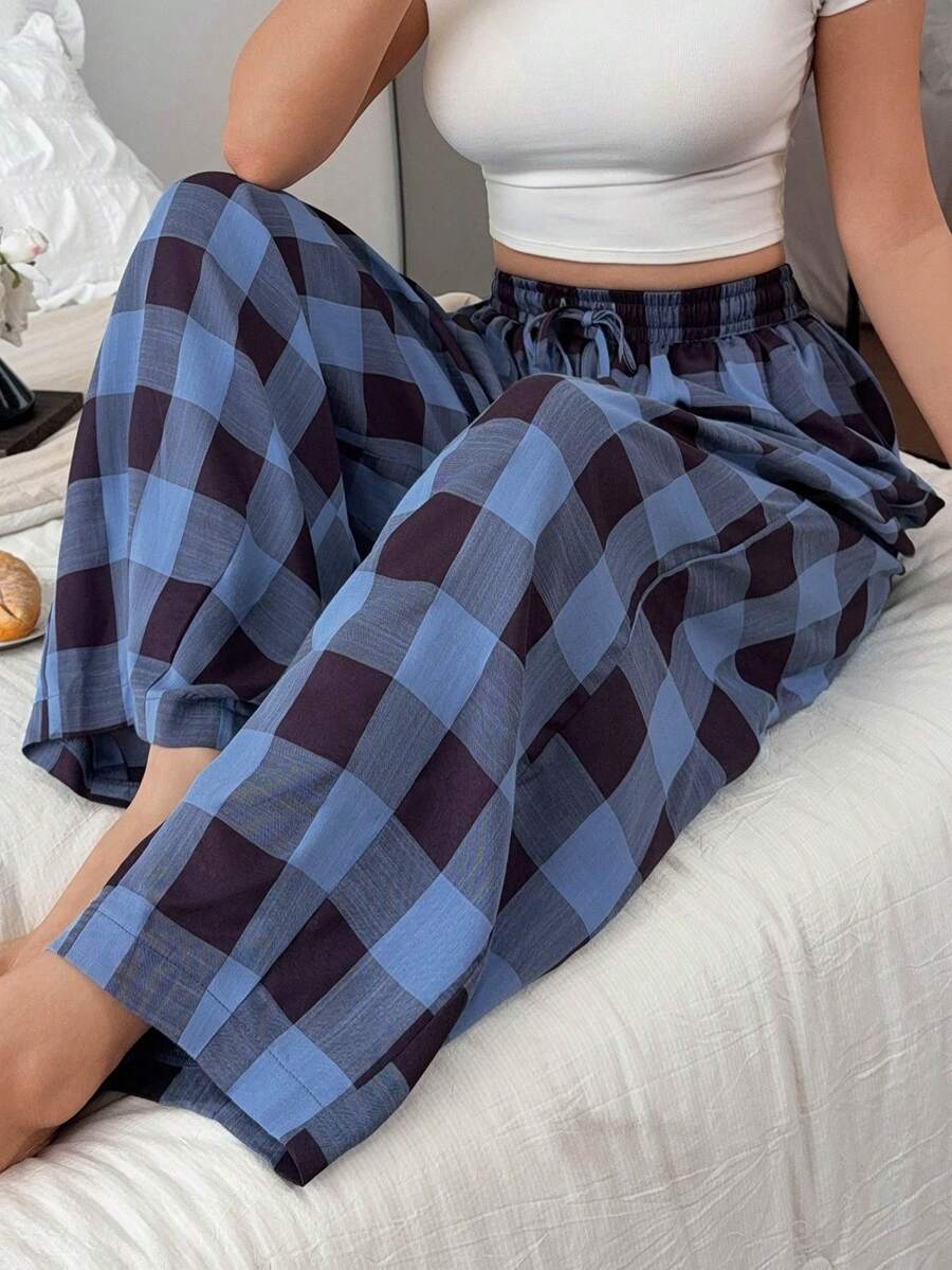 DAZY Women's Casual Plaid Drawstring Waist Loose Long Pants Loungewear Summer Pajamas - Baby Blue - View 1