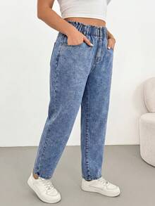 Solflare Plus Size Casual Washed Tapered Jeans - Blue - View 3