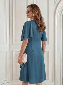 Miaspire Elegant Luxury Classic, Ruffle Layered Midi Dress, Flowy Chiffon Grey Blue, Round Neck Fit, Wedding Guest Party, Christmas, Fall Winter - Teal Blue - View 3