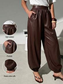 SHEIN Clasi Damen Große Größen einfarbig elastischer Bund PU-Leder lässig Gothic sexy 70er Jahre vielseitig Alltagskleidung lange Hose Herbst Nacht Ausgehen Braun - Braun - Übersicht 3