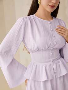 Veilorie 女款純色圓領長袖鈕扣設計襯衫與裙子優雅兩件套 - 紫丁香色 - 查看 1