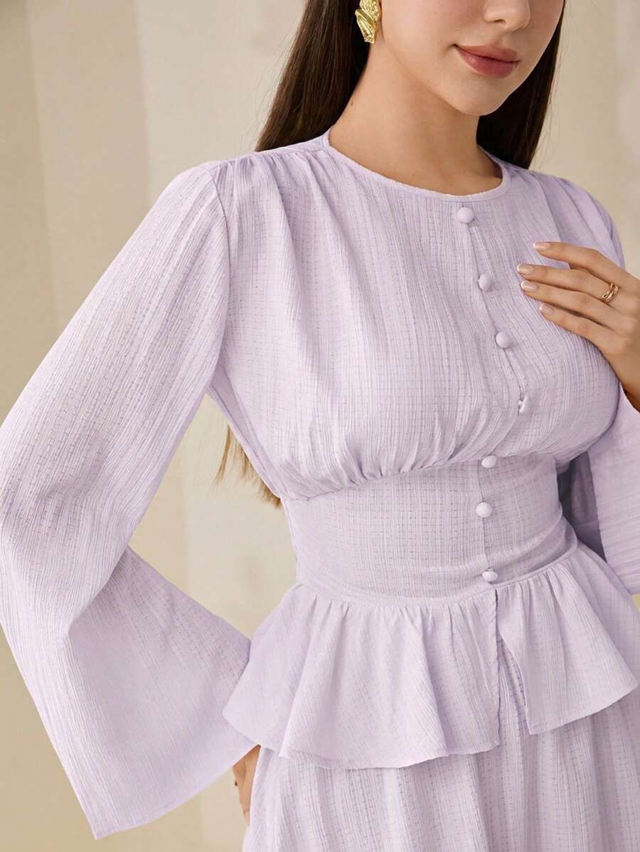 Veilorie 女款純色圓領長袖鈕扣設計襯衫與裙子優雅兩件套 - 紫丁香色 - 查看 1
