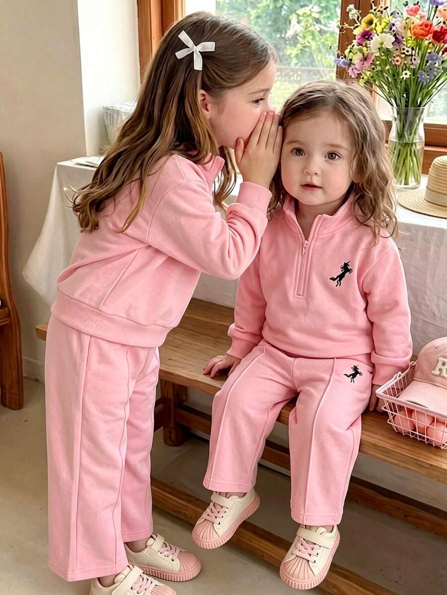 Fall Winter Baby Girl Pink Sporty Embroidered Stand Collar Zip-Up Long Sleeve Sweatshirt Set Simple & Comfortable - Pink - View 1